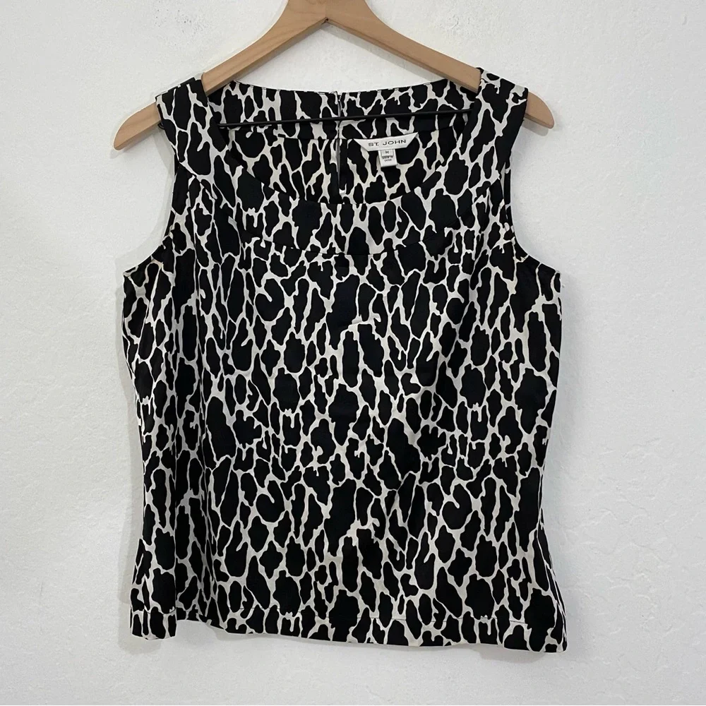 St. John Women’s M Black White Silk Sleeveless Tank Top Lightweight Casual - Picture 3 of 8